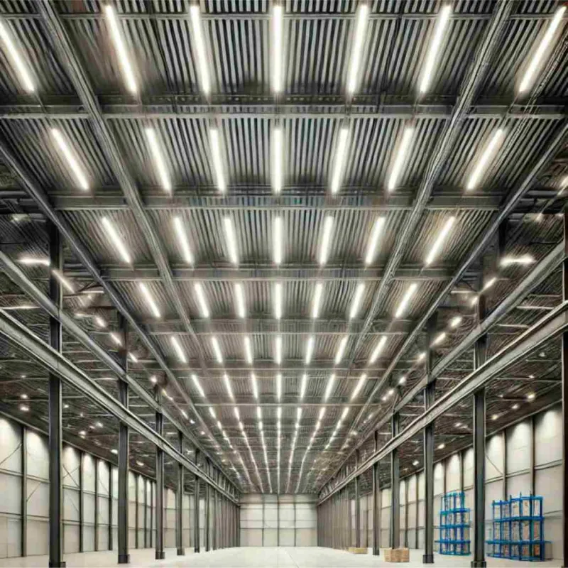 Réglettes étanches IP65 120cm installées entrepôt industriel logistique rangées éclairage uniforme