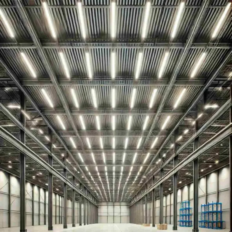 Pantallas estancas IP65 1 tubo 120cm instaladas en nave industrial logística iluminación uniforme
