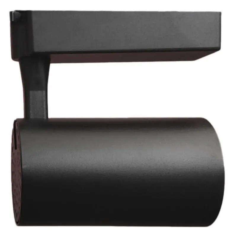 Foco LED PARMA 30W calha monofásica preto vista lateral cilíndrico orientável projetos profissionais