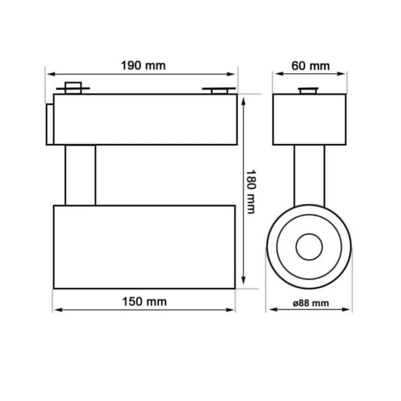 Schéma technique spot LED PARMA 30W rail monophasé mesures dimensions cotes design orientable
