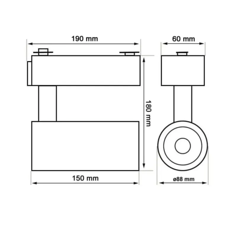 Technical diagram PARMA LED spotlight 30W single-phase track dimensions measurements design orientable
