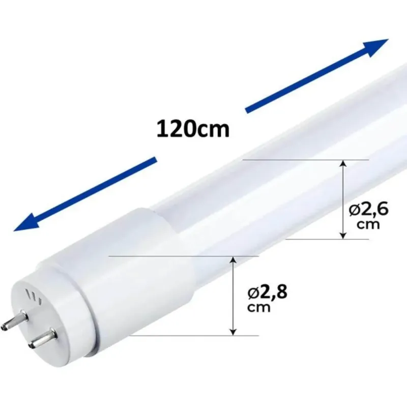 Tubo LED 18W schema tecnico quote 120cm lunghezza diametro 28mm dimensioni installazione T8
