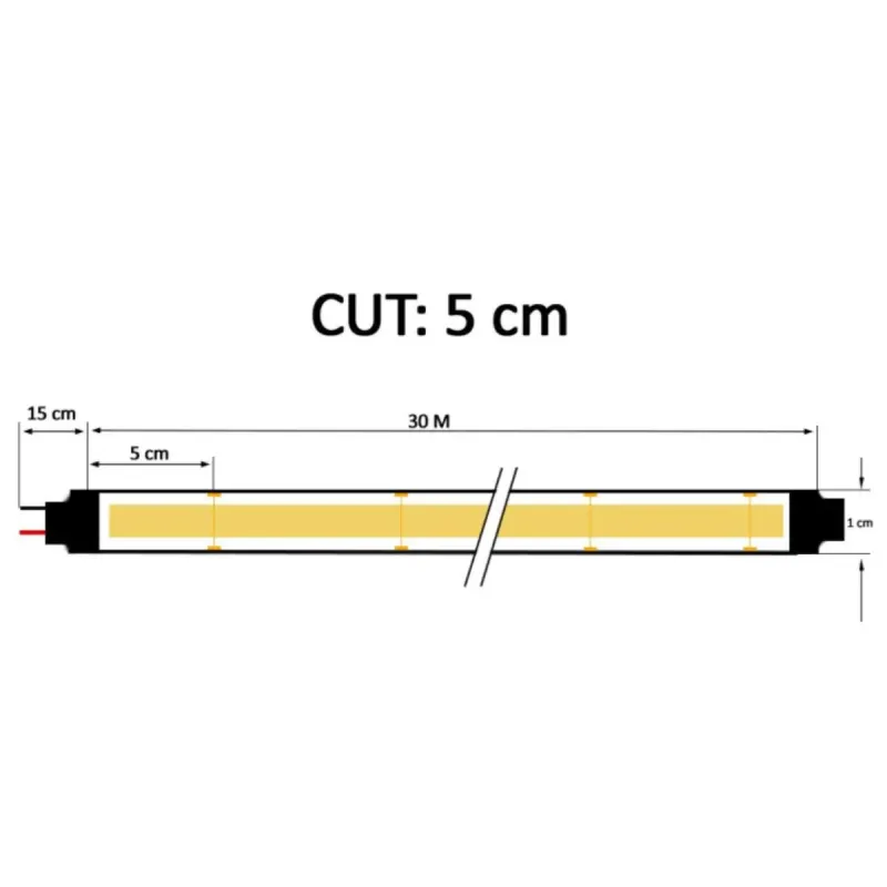 COB 24V LED strip cutting diagram every 5cm technical dimensions