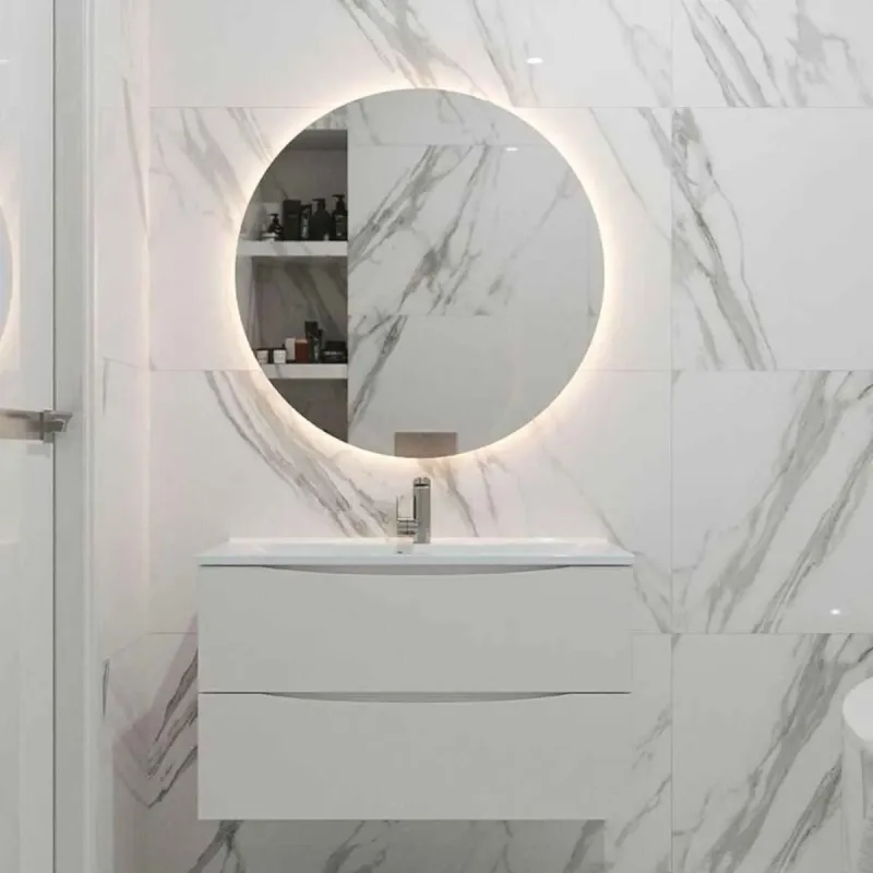 COB LED strip installed around modern bathroom round mirror dotless uniform decorative lighting