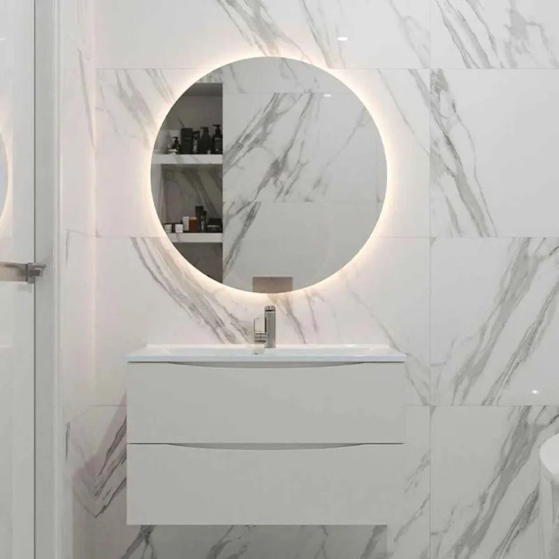 COB LED strip installed around modern bathroom round mirror dotless uniform decorative lighting