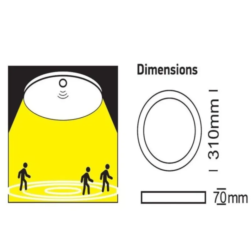 Diagrama dimensiones plafón LED Ø310mm con alcance sensor radar movimiento