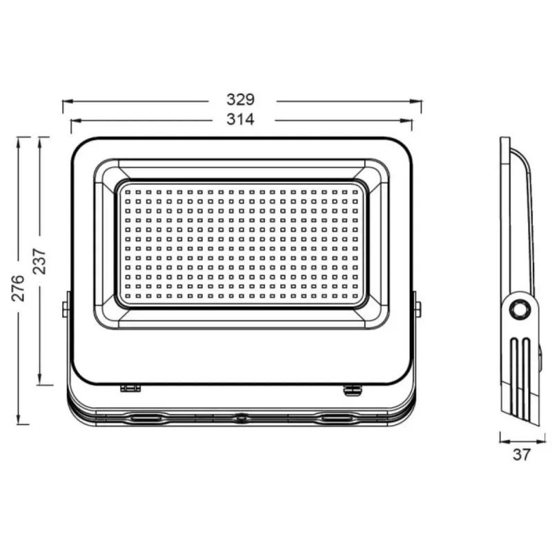 Schéma technique projecteur LED 200W avec dimensions vues face et profil