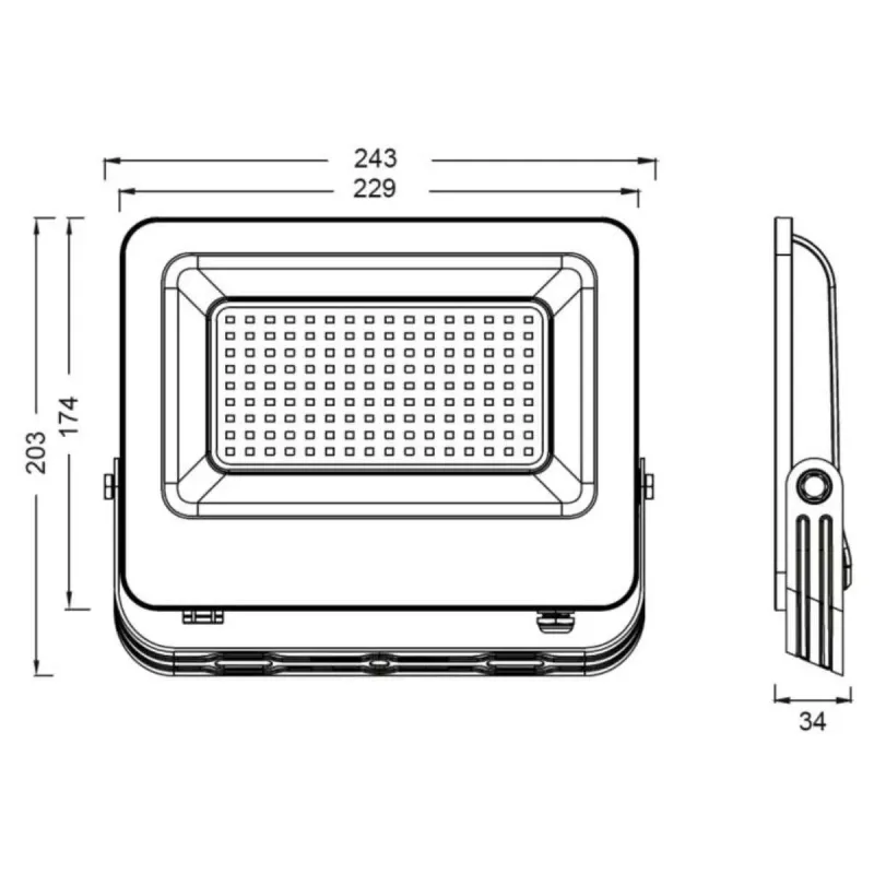 Disegno tecnico proiettore LED 100W con dimensioni vista frontale e laterale