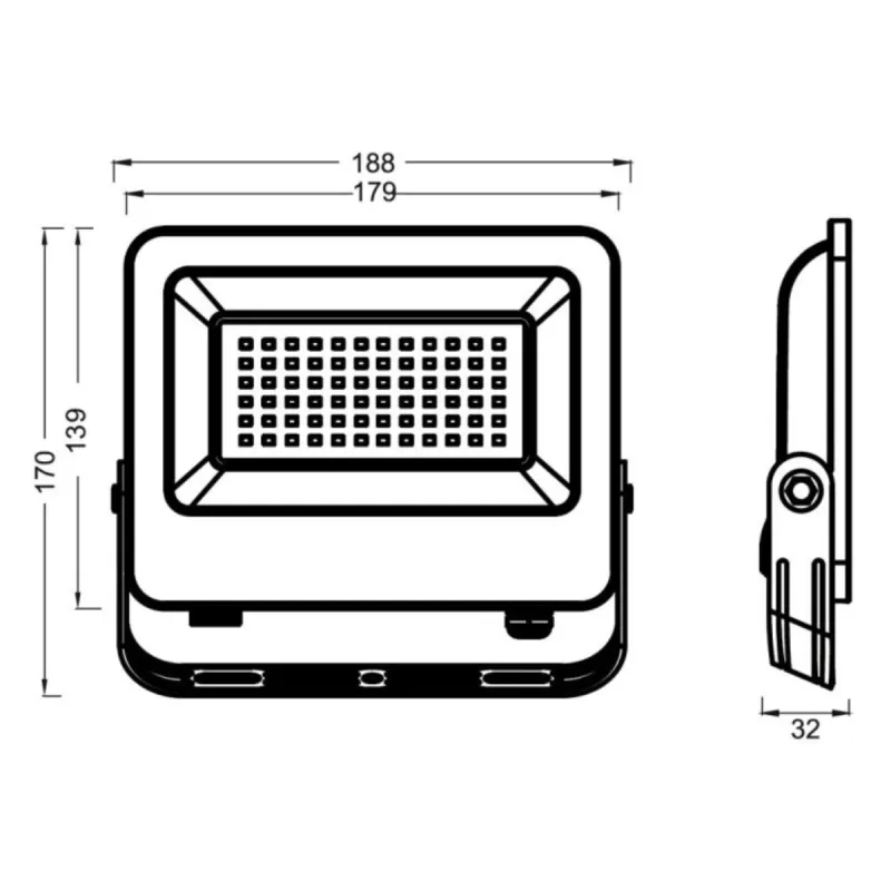 50W LED floodlight technical drawing with dimensions front and side view