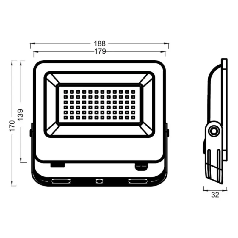Diagrama técnico projetor LED 50W com dimensões vista frontal e lateral