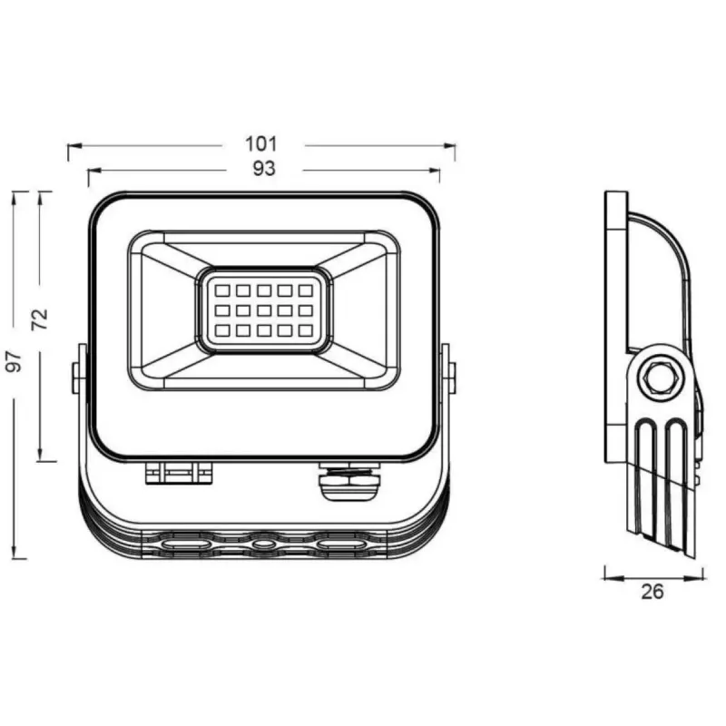 Disegno tecnico proiettore LED 10W con dimensioni vista frontale e laterale