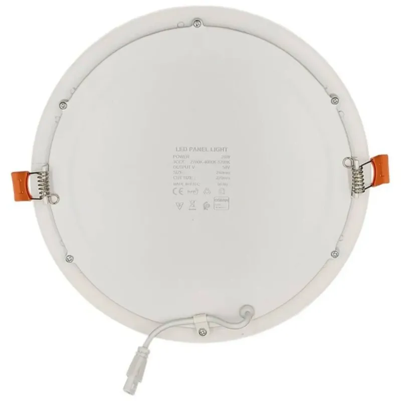 Placa LED Slim 26W vista traseira com clipes de fixação e etiqueta técnica