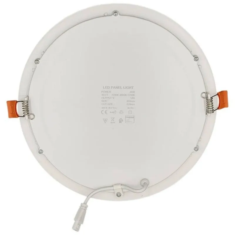 26W Slim LED panel rear view with mounting clips and technical label