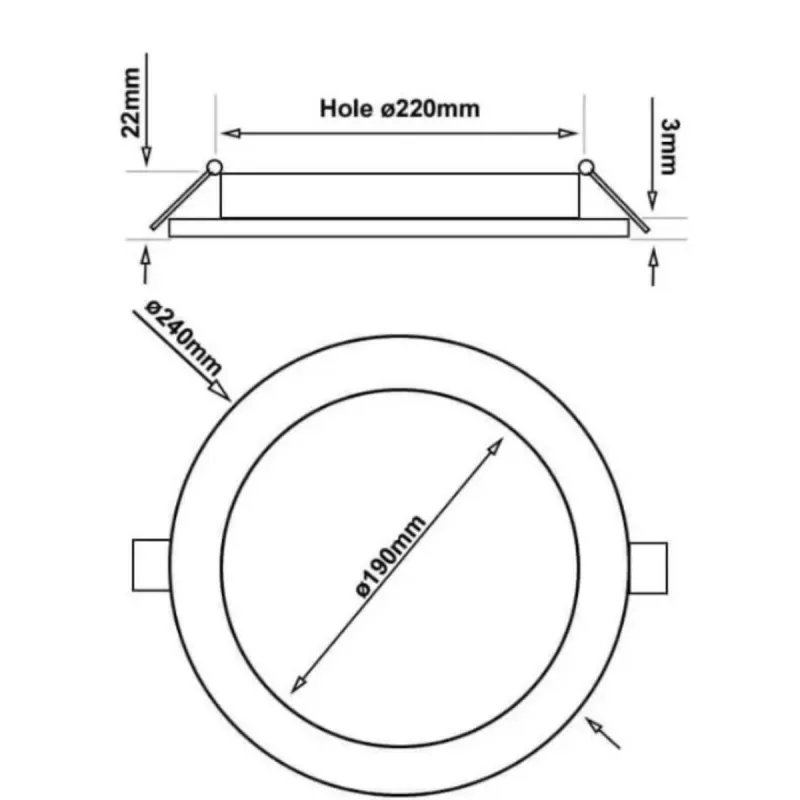 26W Slim LED panel dimensions hole Ø220mm outer Ø240mm 22mm thickness
