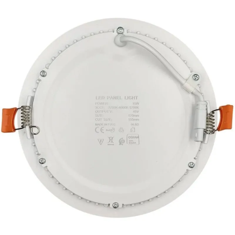 Placa LED Slim 15W vista trasera con clips de fijación y etiqueta técnica