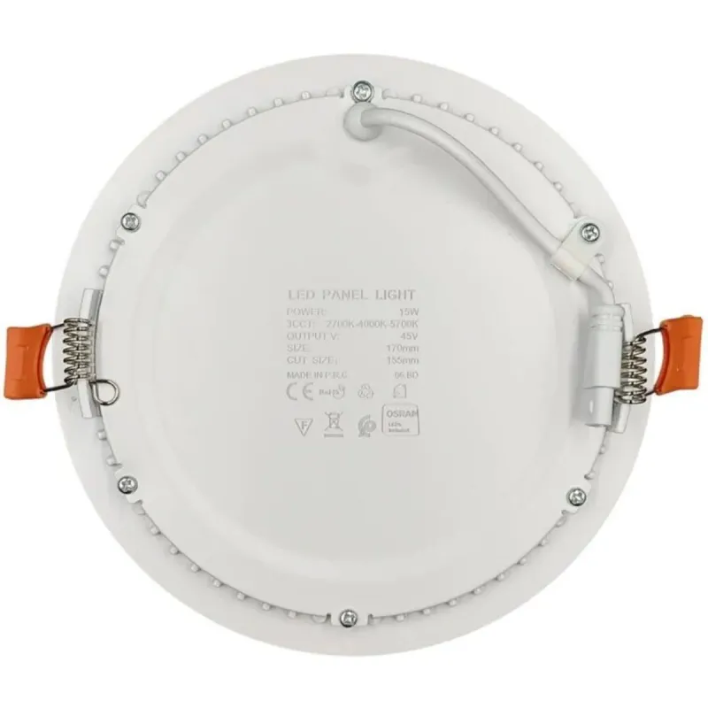 15W Slim LED panel rear view with mounting clips and technical label