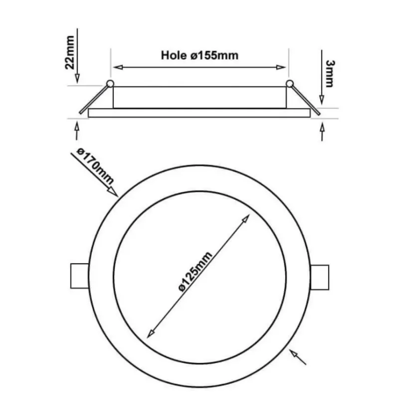 15W Slim LED panel dimensions diagram with cross-section and circular view