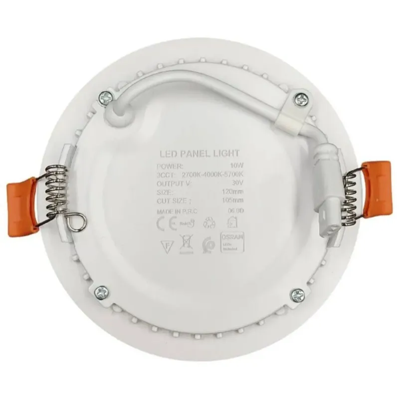 10W Slim LED panel rear view with mounting clips and technical label