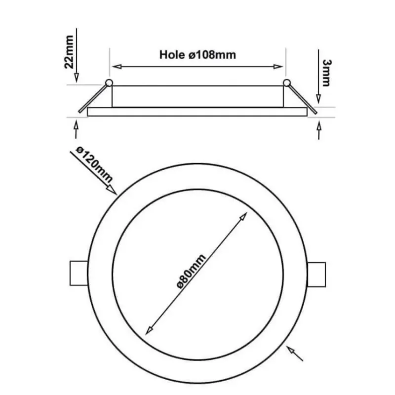 10W Slim LED panel dimensions diagram with cross-section and circular view