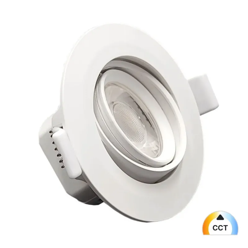 Round 7W recessed LED downlight adjustable CCT tilted side view
