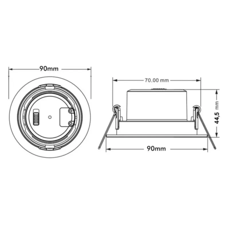 Technical drawing 7W LED recessed downlight 90mm diameter 70mm cut-out