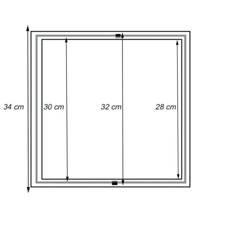 Schema dimensioni cornice incasso 34 cm esterno e 30 cm vano pannello LED