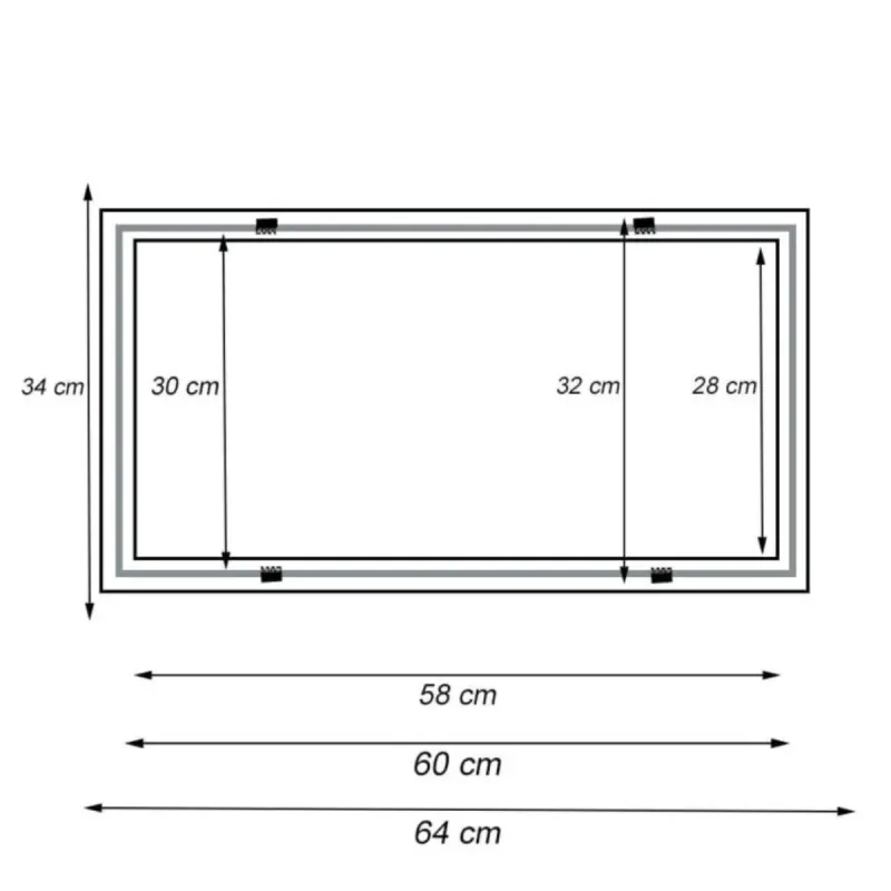 Dimensões do aro retangular 64x34 cm exterior e 60x30 cm abertura painel LED