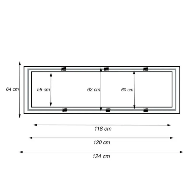 Dimensões do aro 124x64 cm exterior e 120x60 cm abertura painel LED grande