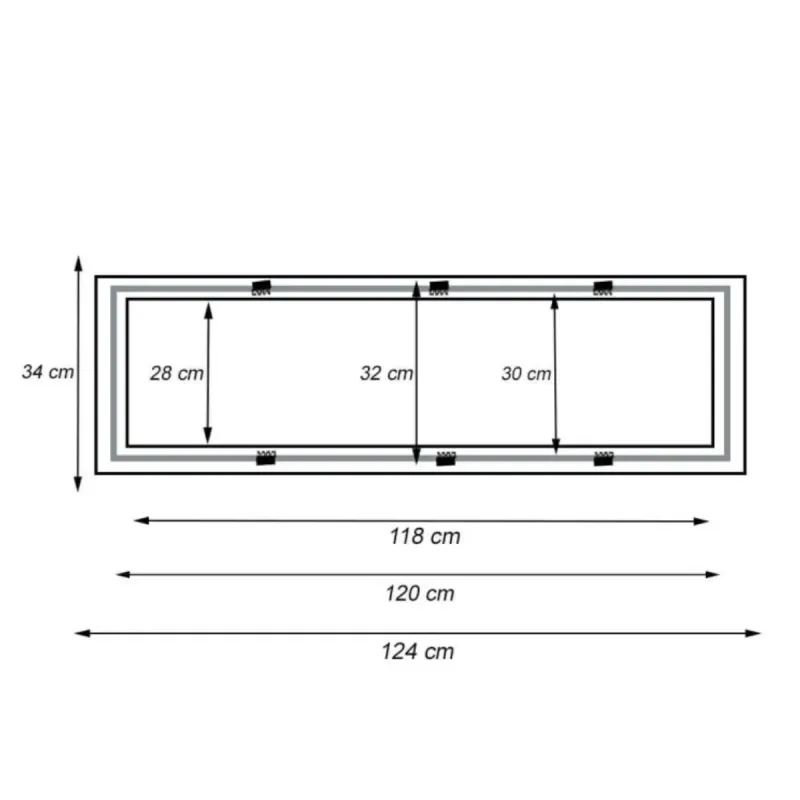 Dimensioni cornice allungata 124x34 cm esterno e 120x30 cm pannello LED
