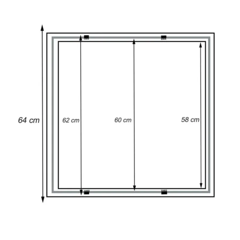 Square frame dimensions 64x64 cm outer and 60x60 cm LED panel opening