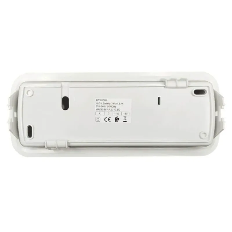 Reverso luz emergencia LED 4W con etiquetado técnico y batería recargable
