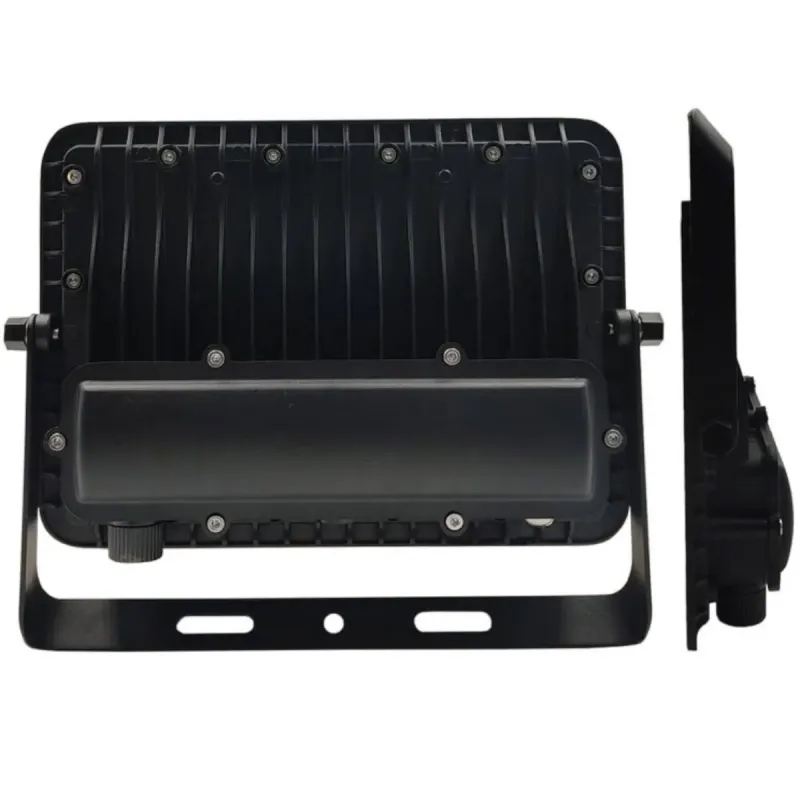Vista lateral foco proyector LED 100W con disipador y soporte giratorio