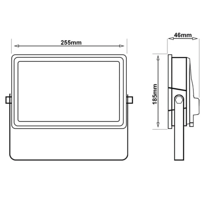 Dimensiones foco proyector LED 100W 255x185 mm con vista lateral técnica