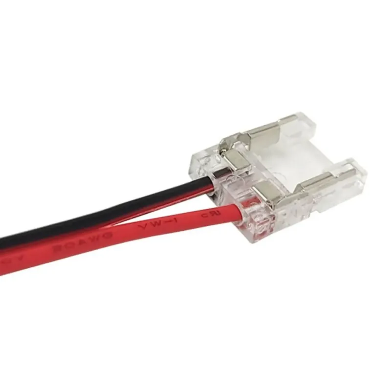 Conector transparente tira LED COB SMD 10mm IP20 cable rojo negro tipo click