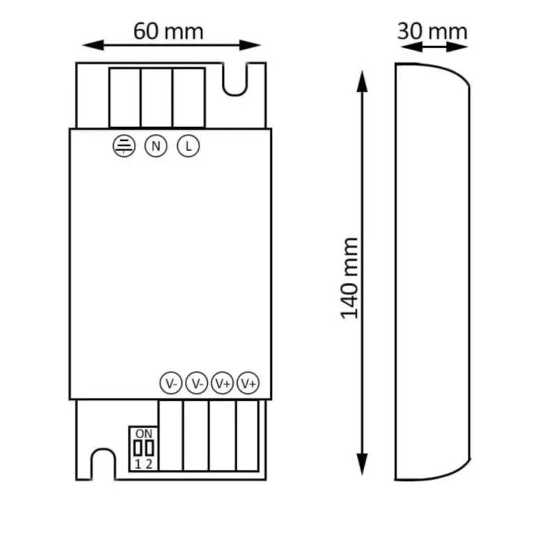 Technical drawing 24V 100W LED driver dimensions 140x60x30mm N/L V+V- terminals