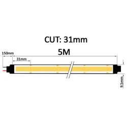 Schema tecnico striscia LED COB 24V 15W/m taglio ogni 31mm 5m largh 9,5mm