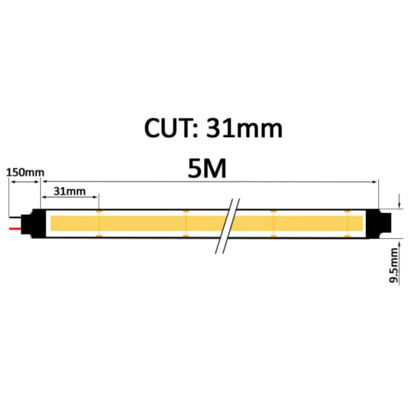 Technical diagram 24V COB LED strip 15W/m cut every 31mm 5m width 9.5mm