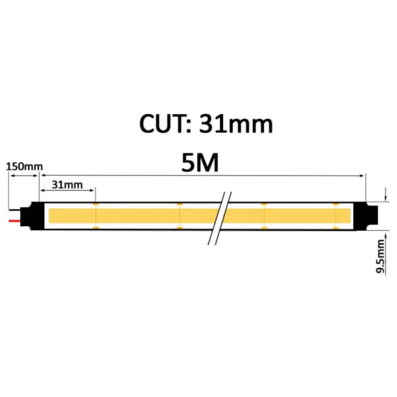 Schéma technique ruban LED COB 24V 15W/m coupe tous les 31mm 5m larg 9,5mm
