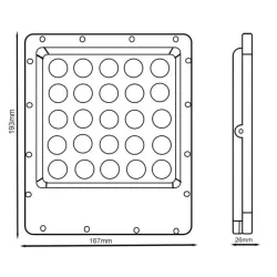 Plano técnico foco LED 50W Avant Pro dimensiones medidas frontal lateral instalación profesional