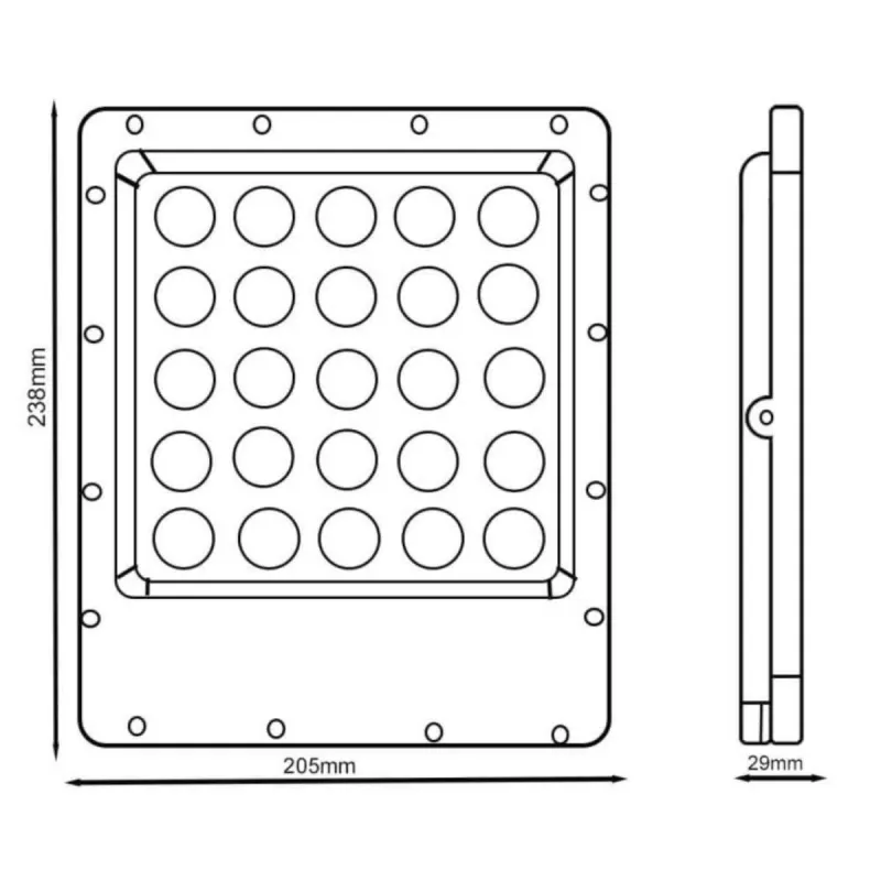 Schéma technique projecteur LED 100W Avant Pro dimensions mesures vue avant et côté
