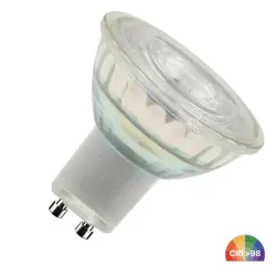 Dicroica LED GU10 8W cuerpo cristal vista lateral casquillo bipin CRI 98 alta reproducción cromática
