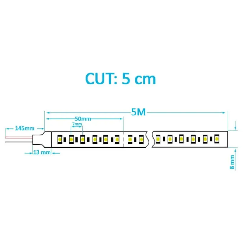 Technical diagram 24V SMD2835 LED strip cut every 5cm 5m width 8mm 140 LED/m