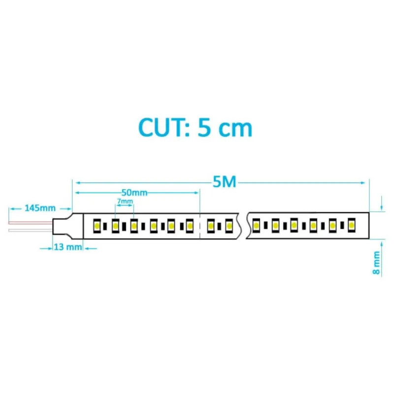 Technical diagram 24V SMD2835 LED strip cut every 5cm 5m width 8mm 140 LED/m