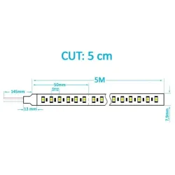 Schéma technique ruban LED CCT 24V SMD2025 coupe tous les 5cm 5m 7,9mm