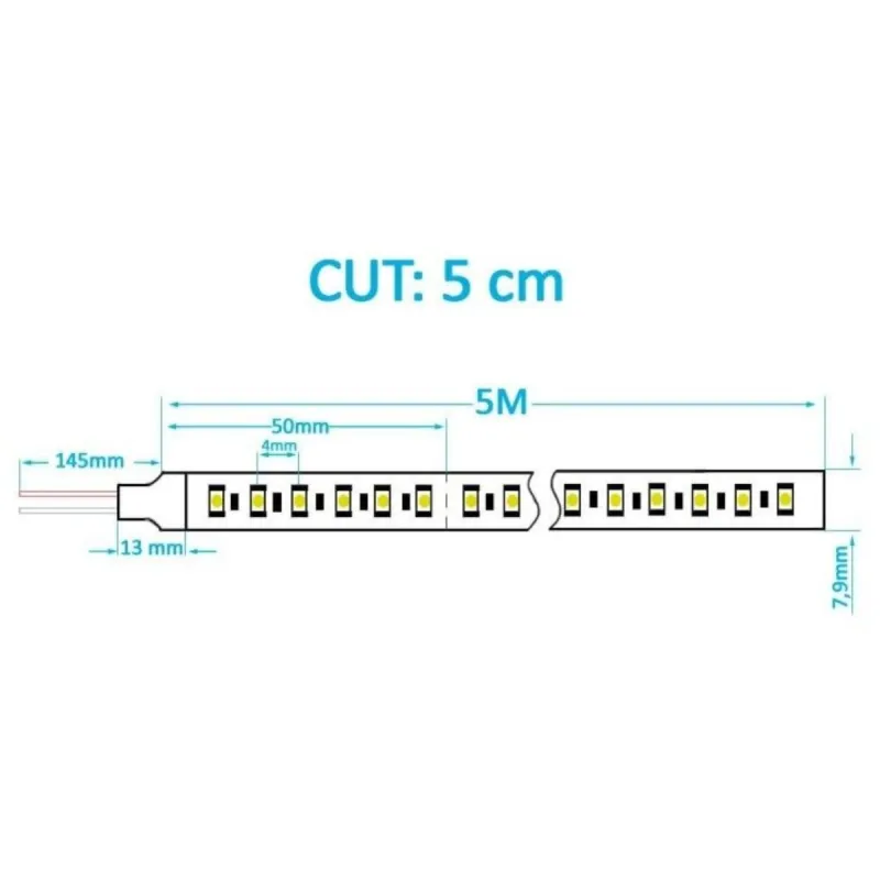 Technical diagram 24V CCT SMD2025 LED strip cut every 5cm 5m width 7.9mm
