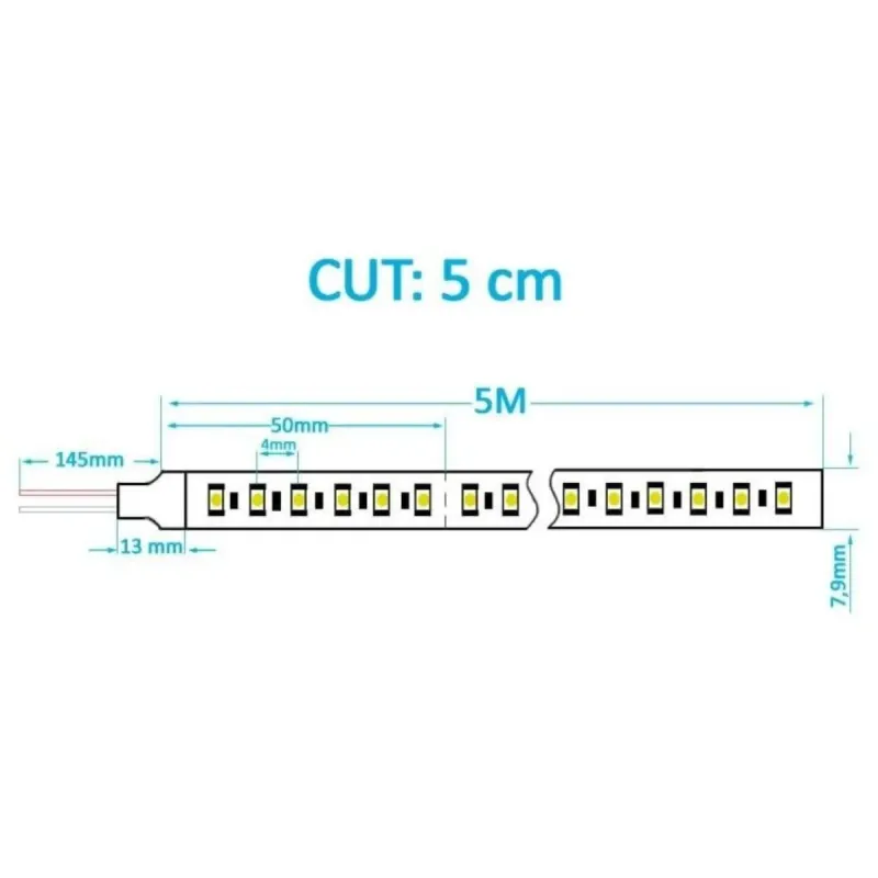 Schéma technique ruban LED CCT 24V SMD2025 coupe tous les 5cm 5m 7,9mm