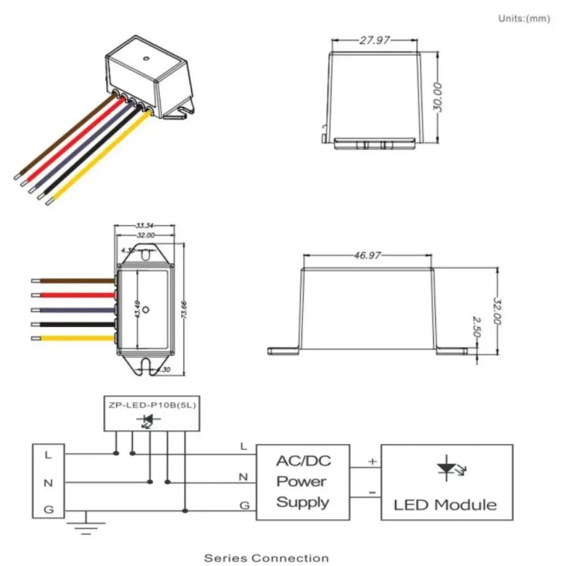 Esquema y dimensiones protector sobretensiones LED ZP-LED-P10B con conexión en paralelo