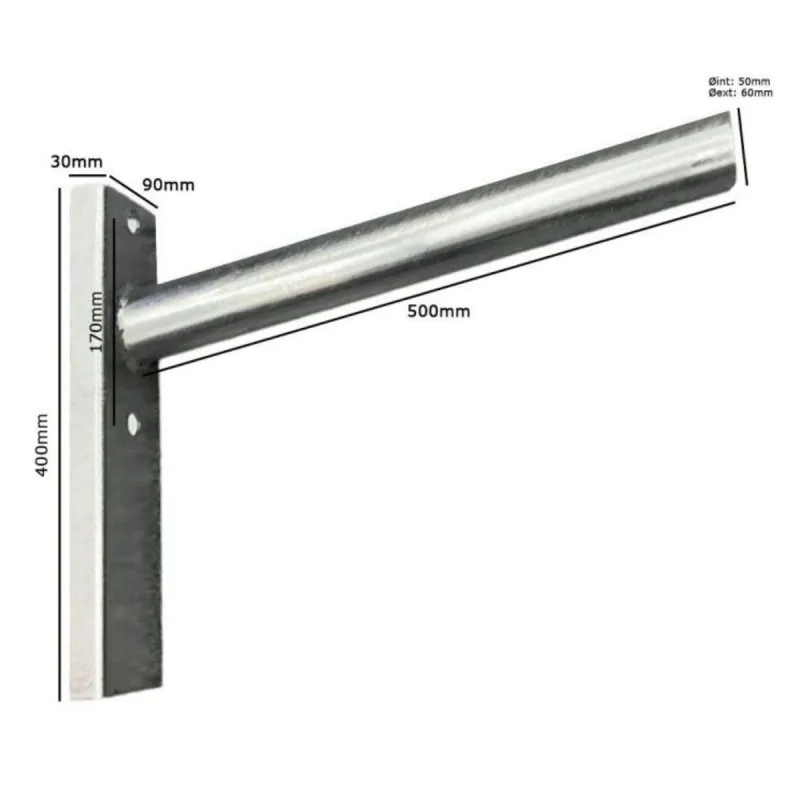 Galvanized street light bracket dimensions: 500mm arm, 400x30mm plate, Ø60mm outer tube