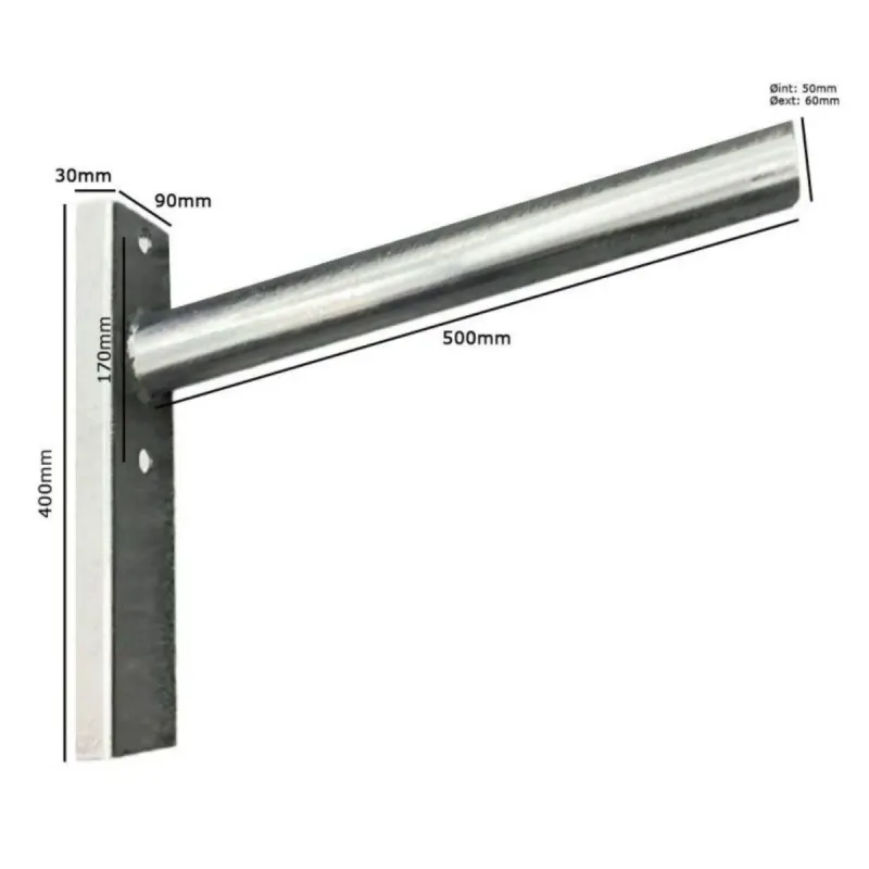 Galvanized street light bracket dimensions: 500mm arm, 400x30mm plate, Ø60mm outer tube