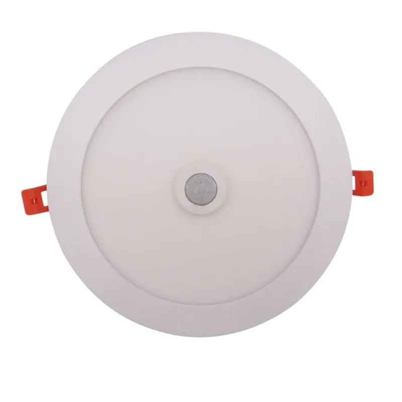 Vista frontale plafoniera LED circolare bianca con sensore PIR centrale e clip rosse
